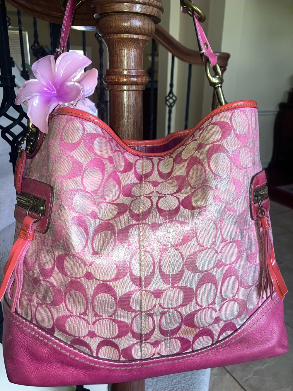 Coach Tie Dye 2005 distressed Pink metallic Signature C Y2K hobo bag - Picture 11 of 16